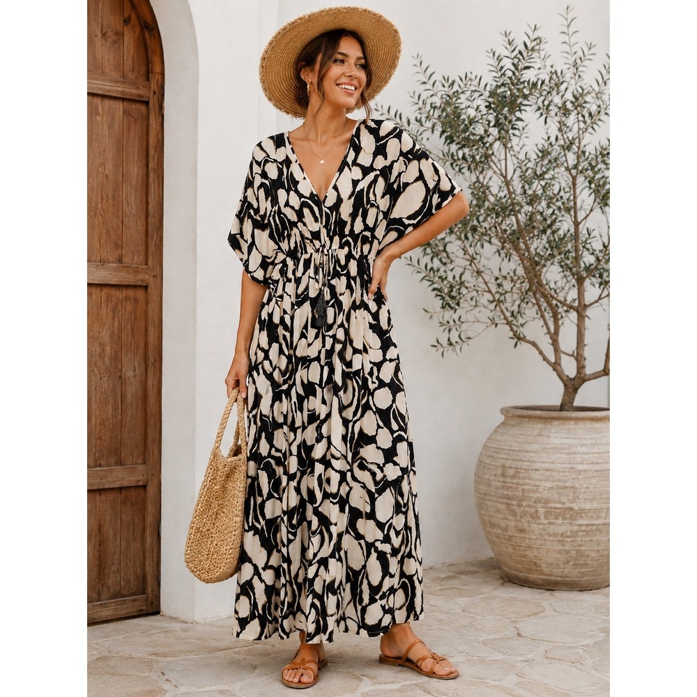 World Market Abstract Print Maxi Dress‎ L XL Tassel Tie Boho Vacation NEW